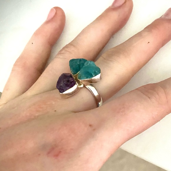 Rough cut amethyst trio, sterling silver setting. - Picture 6 of 15